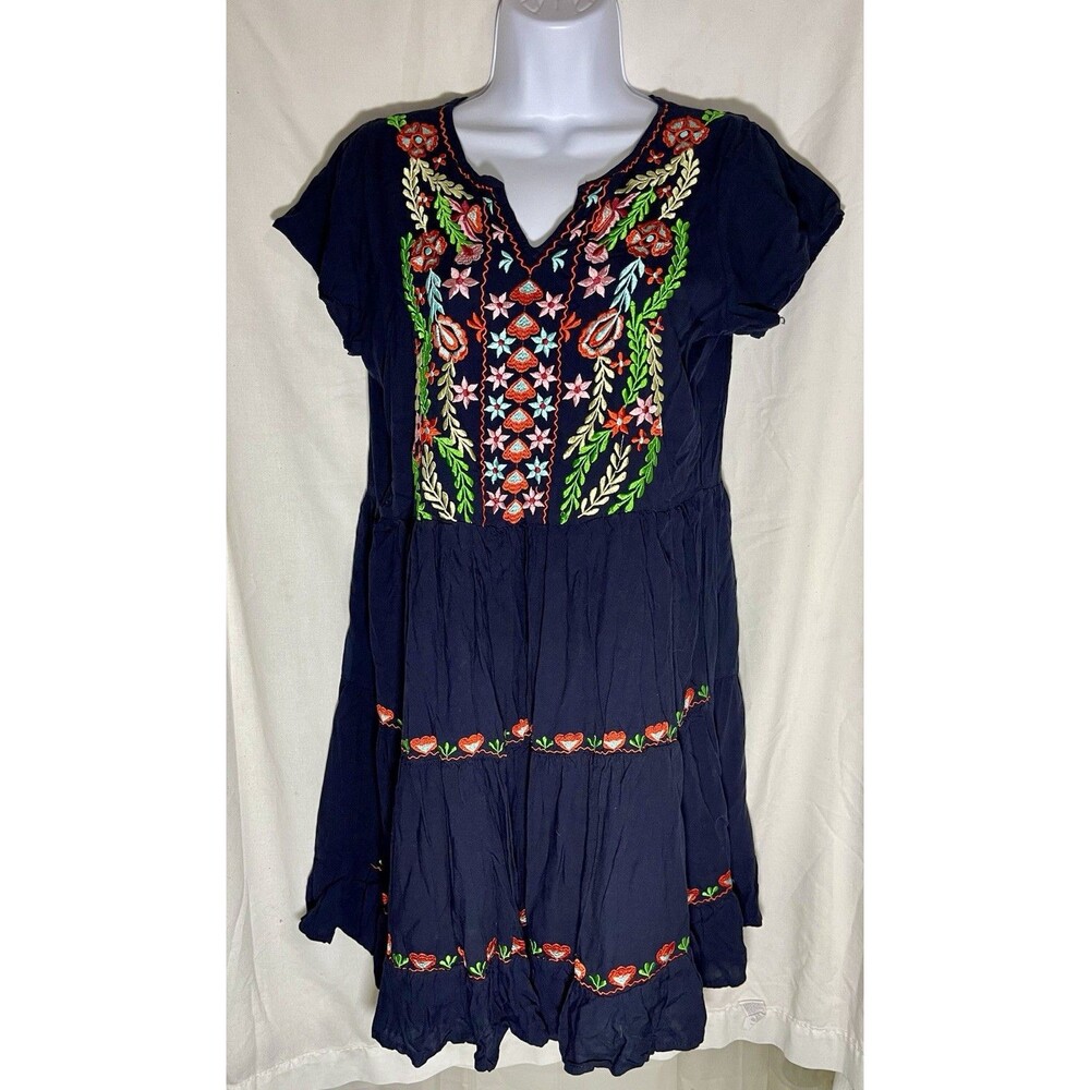 Shoreline Wear Boho Embroidered Tiered Dress Medium M Navy Blue Rayon Peasant